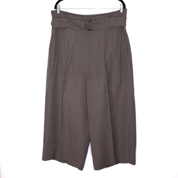AKRIS PUNTO Fiorella Belted Pants Dark Olive Cropped Wide-Leg Linen Women's 16 - Picture 1 of 10
